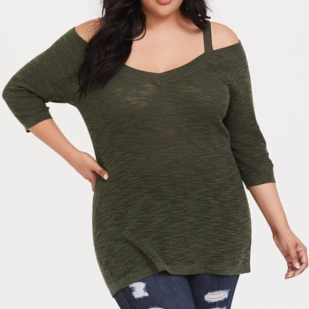 Torrid Slub Pullover Tunic V-Neck Cold Shoulder Sweater Fall 2x NWT NEW olive - Picture 2 of 11